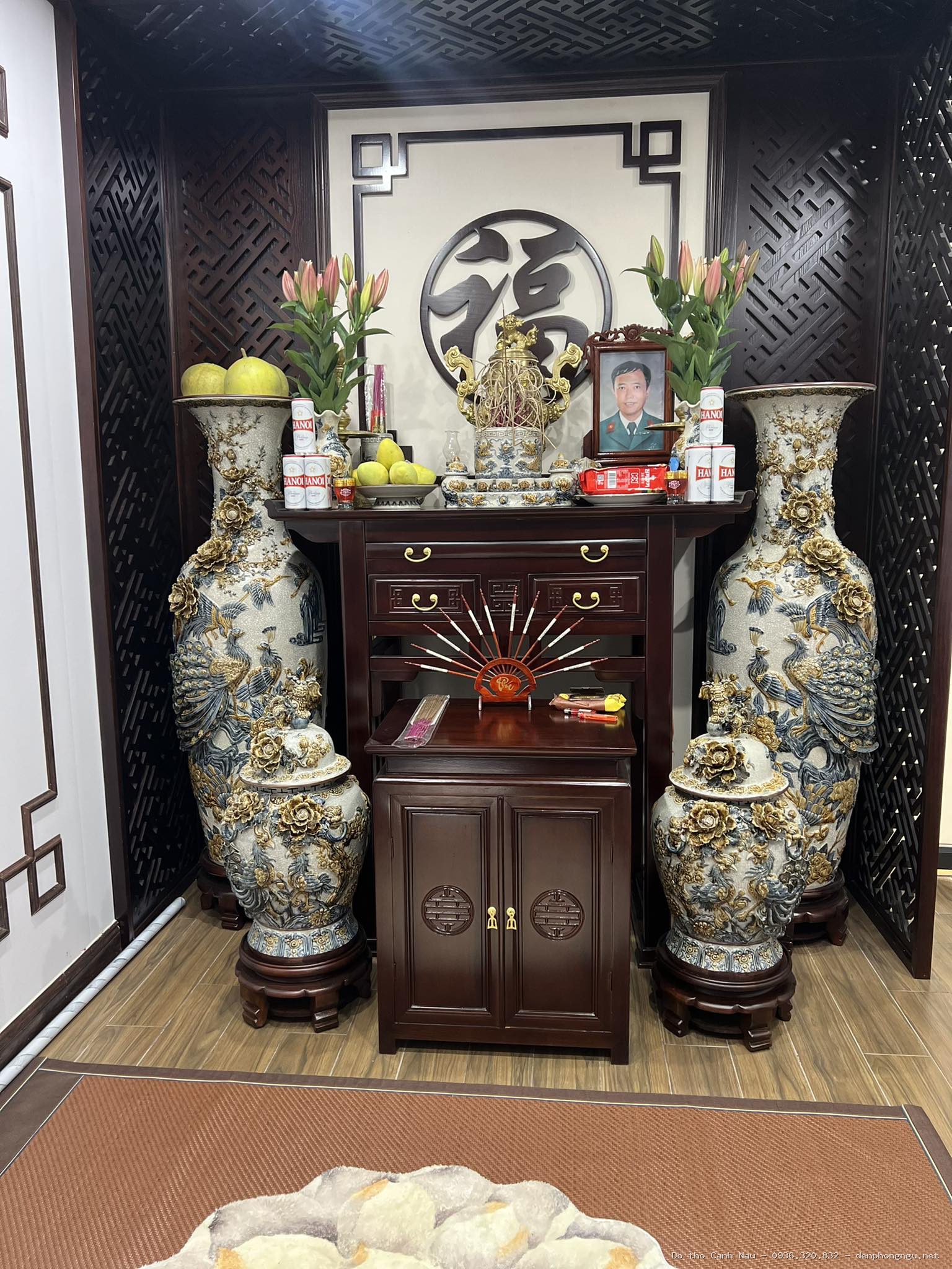 Bàn thờ gia tiên chạm ngũ phúc gỗ gõ đỏ - Bàn Thờ Chung Cư